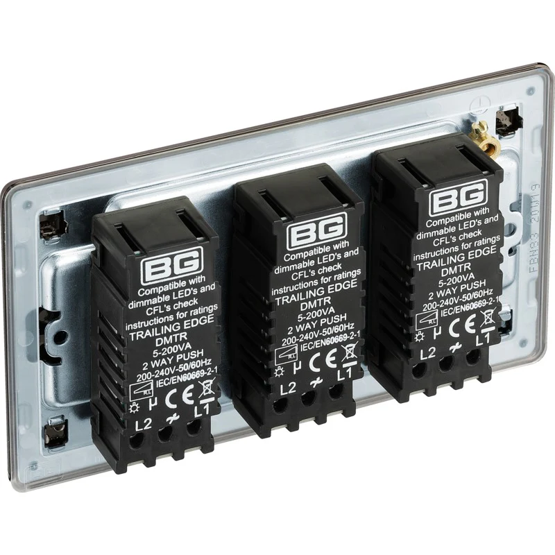 BG FBN83 Screwless Flatplate Black Nickel Intelligent 400W Triple Dimmer Switch, 2-Way Push On-Off - Image 3