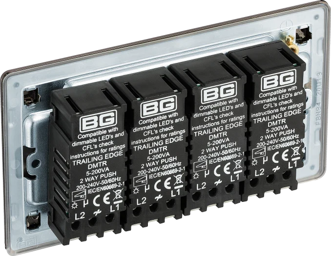 BG FBN84 Screwless Flatplate Black Nickel Intelligent  400W 4-Gang Dimmer Switch, 2-Way Push On-Off - Image 3