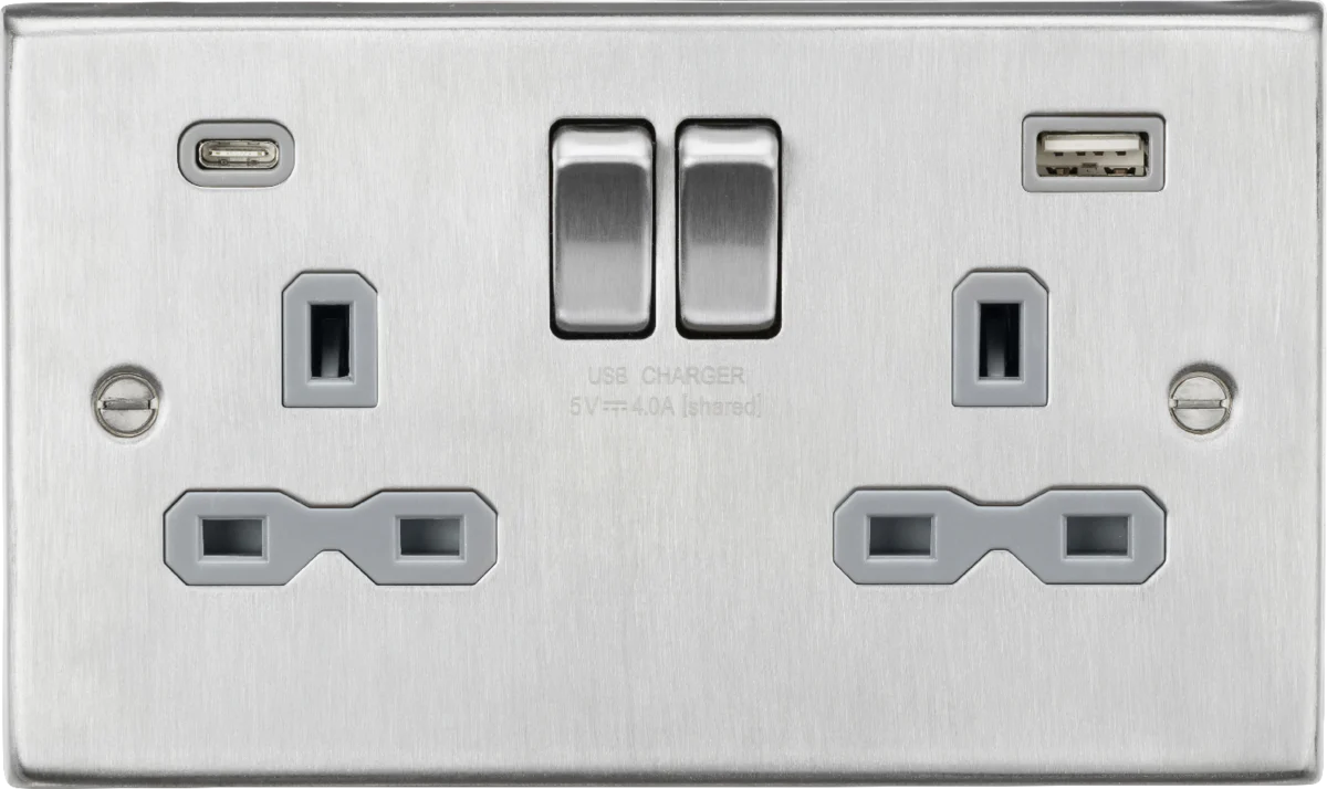 Knightsbridge MLA CS9940BCG 13A 2G SP Switched Socket with Dual USB A+C (5V DC 4.0A shared) - Brushed Chrome with Grey Insert