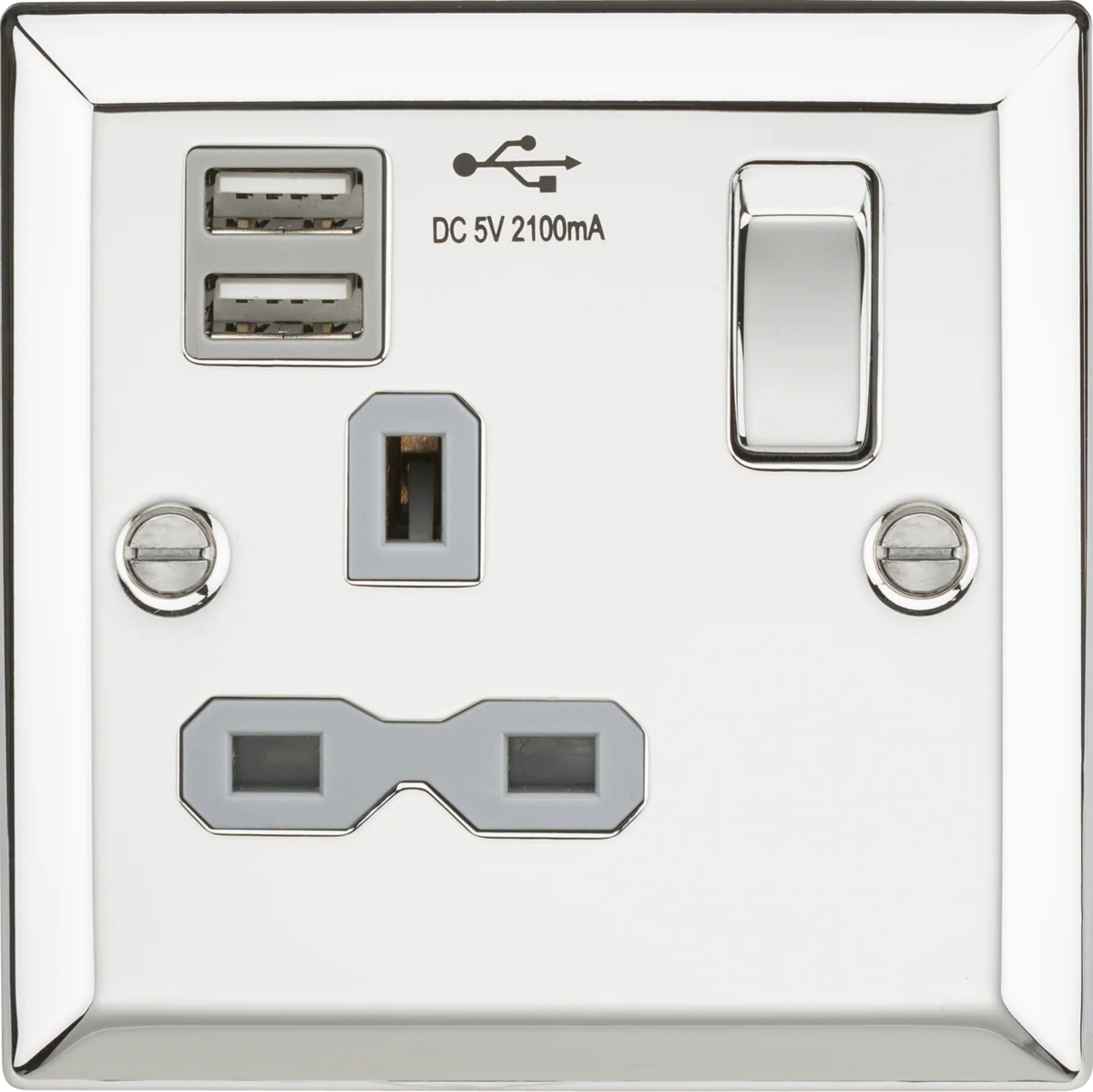 Knightsbridge MLA CV91PCG 13A 1G Switched Socket Dual USB Charger Slots with Grey Insert - Bevelled Edge Polished Chrome