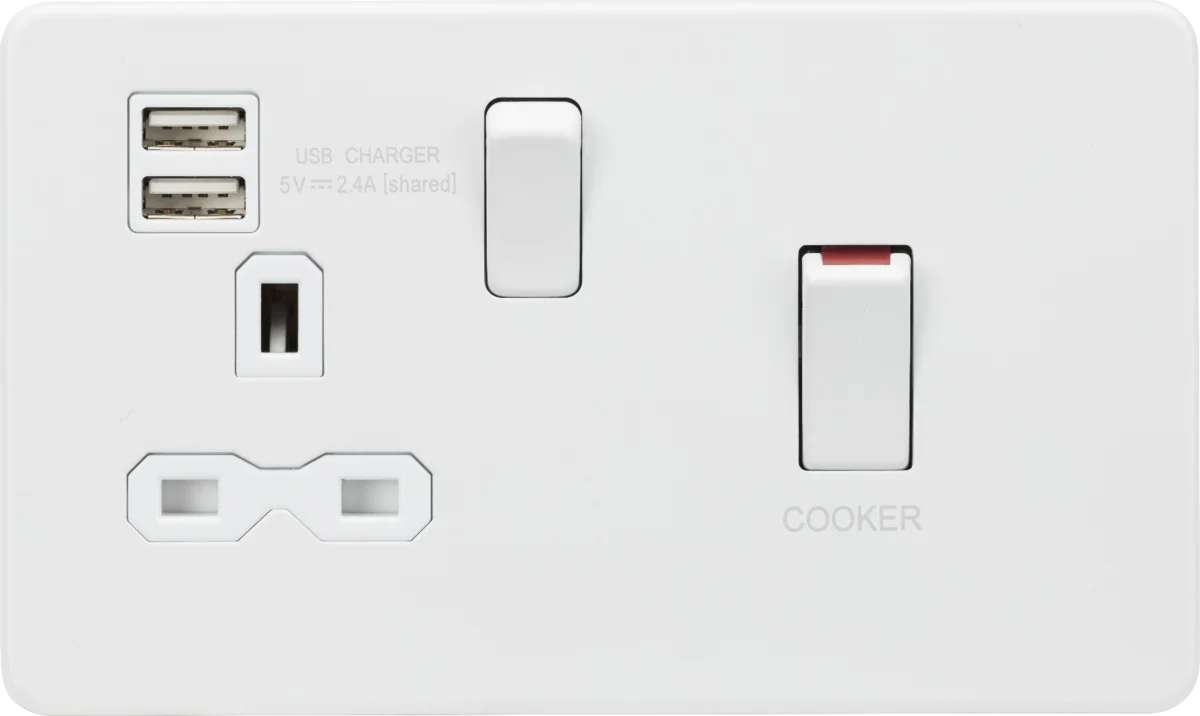 Knightsbridge MLA Screwless SFR83UMMW 45A DP Switch and 13A switched socket with dual USB charger - matt white