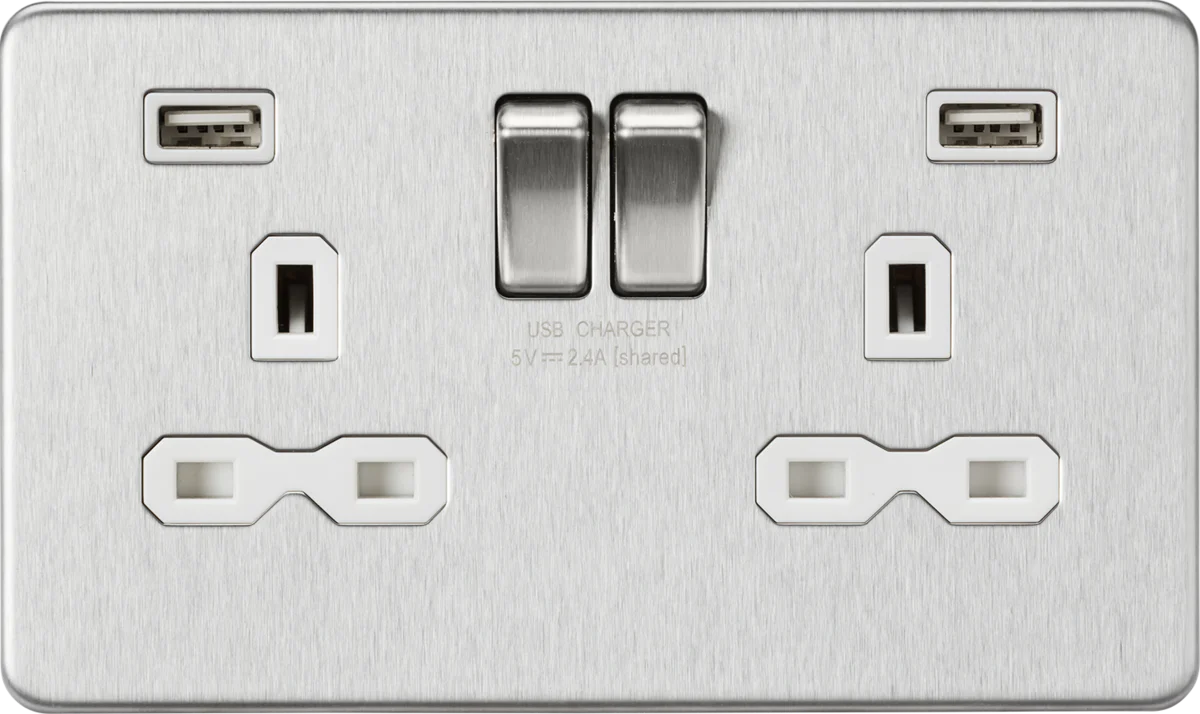 Knightsbridge MLA Screwless SFR9224BCW 13A 2G switched socket with dual USB charger A + A (2.4A) - Brushed chrome with white insert