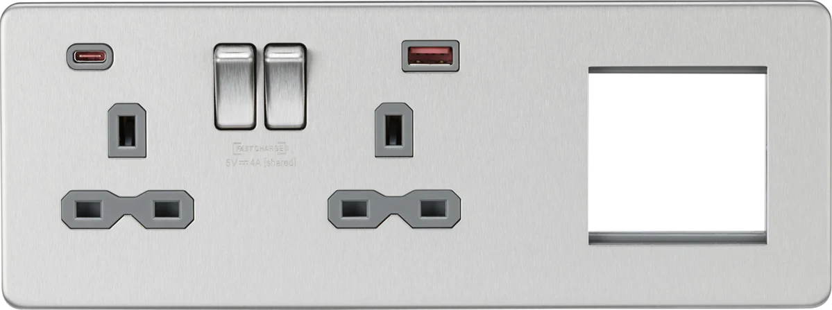 Knightsbridge MLA SFR992LBCG Screwless 13A 2G DP Socket with USB Fastcharge + 2G Modular Combination Plate - Brushed Chrome
