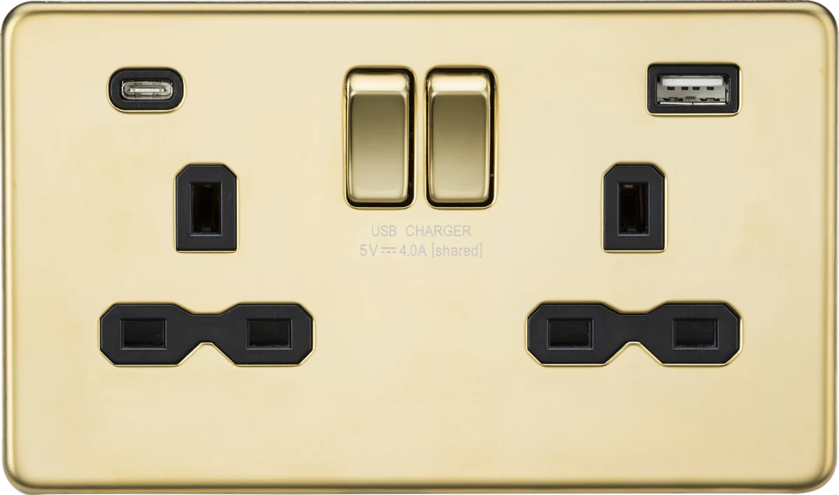 Knightsbridge MLA Screwless SFR9940PB 13A 2G SP Switched Socket with Dual USB A+C (5V DC 4.0A shared) - Polished Brass with Black Insert