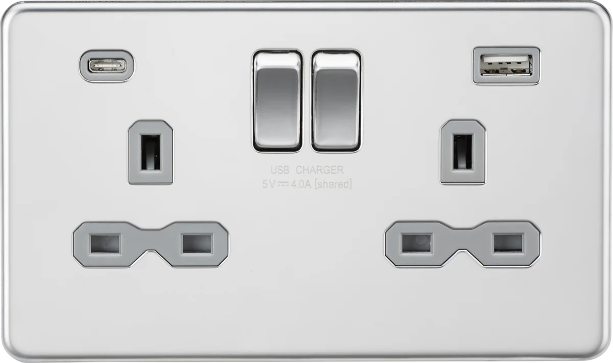 Knightsbridge MLA Screwless SFR9940PCG 13A 2G SP Switched Socket with Dual USB A+C (5V DC 4.0A shared) - Polished Chrome with Grey Insert