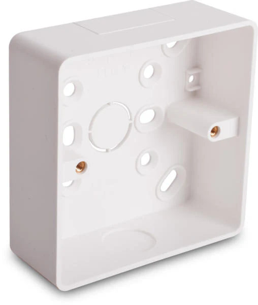 Univolt SFB1/44 PVC 44mm 1-Gang Surface Box – White, Square (Rounded Edge), with Trunking & Conduit Knockouts